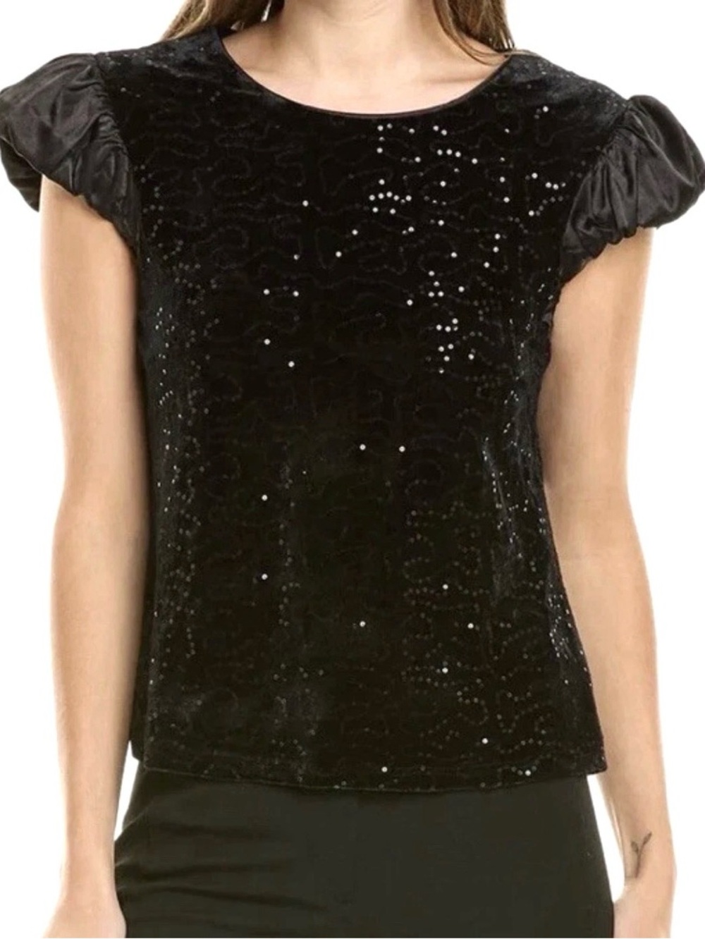 Nanette Lepore Black Sequin Velvet Top with Satin Puff Sleeves